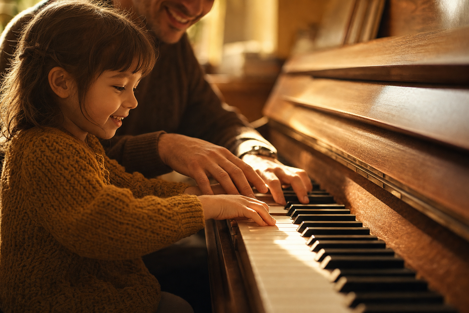 Une enfant et un adulte jouant ensemble au piano, dans une lumière dorée